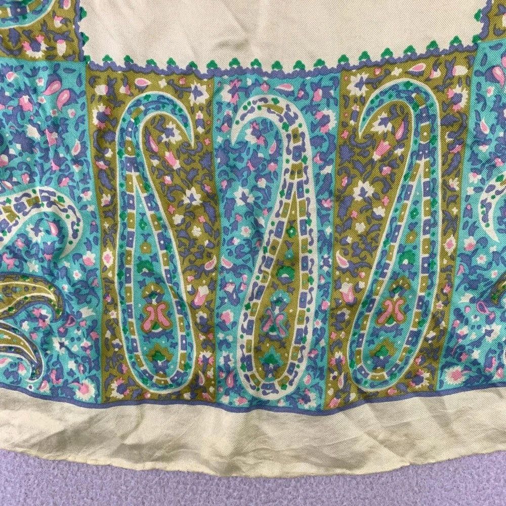 Vintage Paisley Square Scarf Women Yellow Floral Silk Retro 70s Bohemian Scarf
